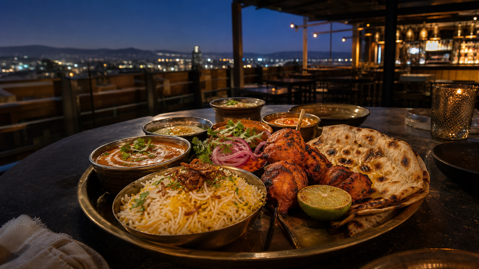 Generous Indian meal with rice, tandoori chicken and naan