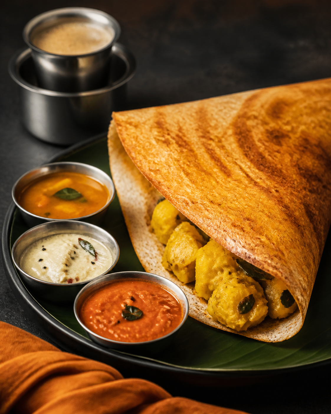 Crisp masala dosa with chutneys and filter coffee