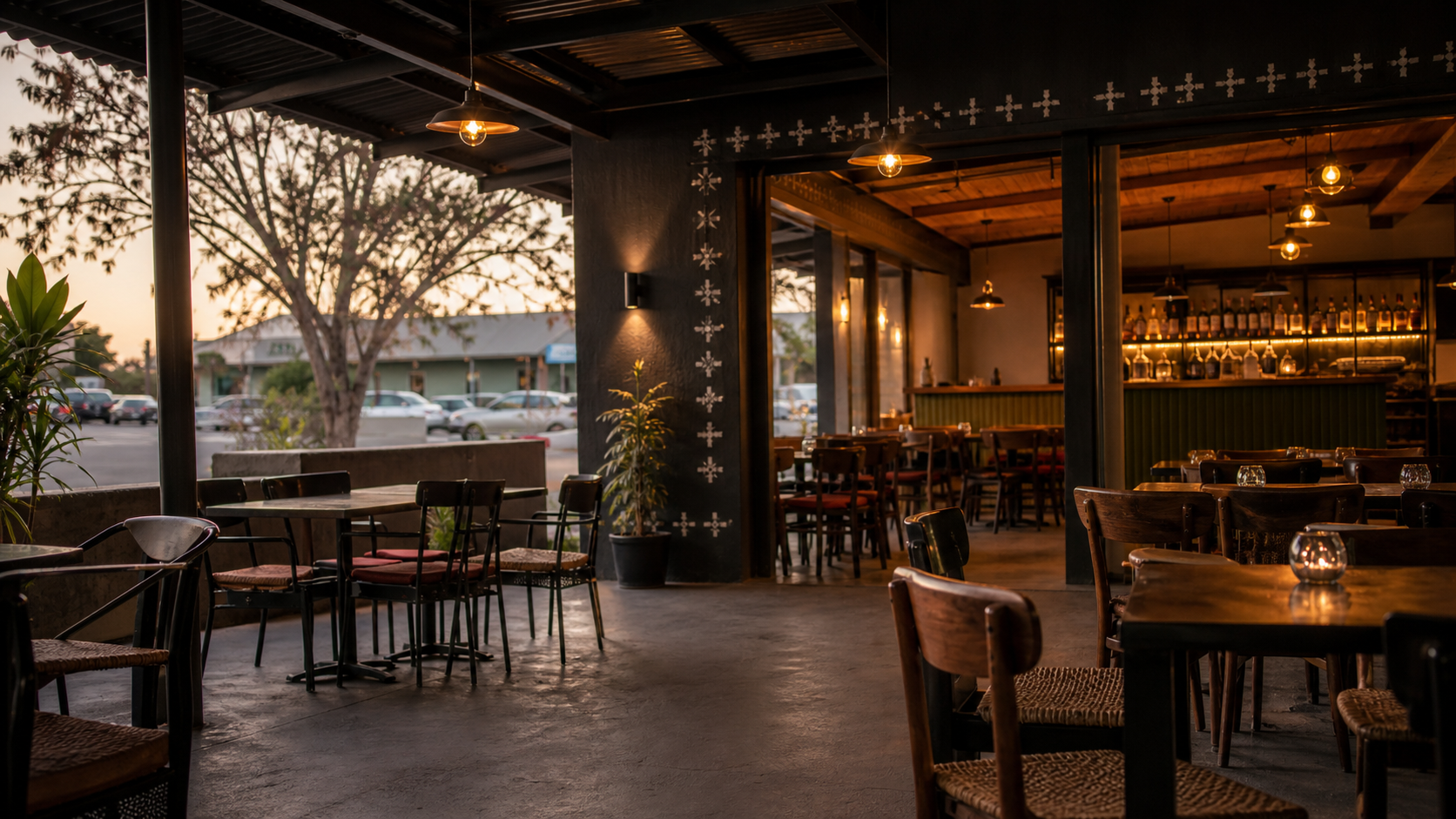 Warmly lit open-air restaurant seating with a bar in the background